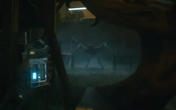 HD PC desktop wallpaper featuring a tense scene from the video game A Quiet Place: The Road Ahead, showcasing a dark cavern with a glowing-eyed device and a looming creature.