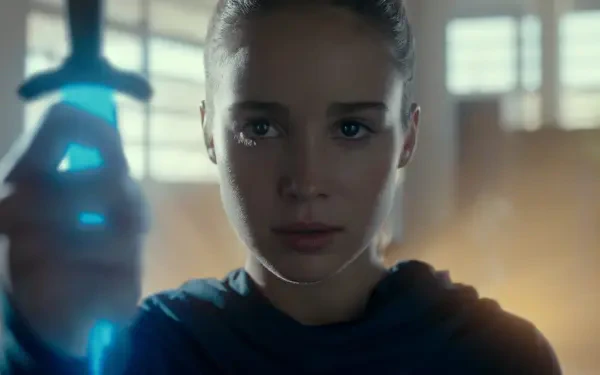 A powerful scene from the TV show Warrior Nun, featuring Alba Baptista, showcasing her determination as she holds a glowing sword. Ideal HD wallpaper for fans of the series.