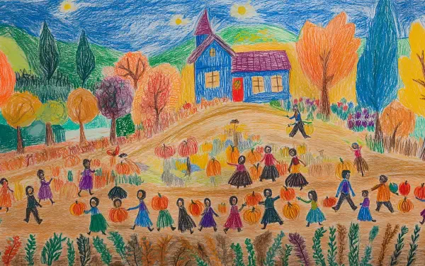 A vibrant autumn scene captures a harvest festival with colorful trees and people joyfully carrying pumpkins near a charming blue house. A delightful 4K Ultra HD wallpaper.