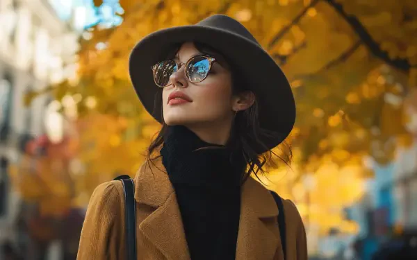 A woman in stylish fall fashion, wearing a hat and sunglasses, stands against a backdrop of vibrant autumn leaves. Captured in stunning 4K Ultra HD, this image embodies seasonal elegance.