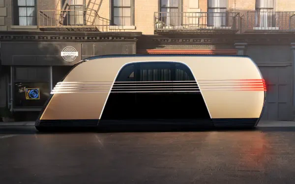 A sleek Tesla robovan is showcased in an urban setting, featuring smooth lines and a modern design, set against a backdrop of buildings. 4K Ultra HD quality enhances the image.