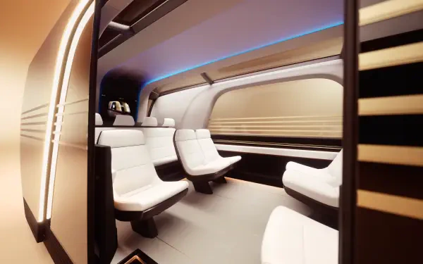A sleek interior of a Tesla robovan featuring modern white seating and ambient lighting, captured in stunning 8K Ultra HD for an immersive desktop background.