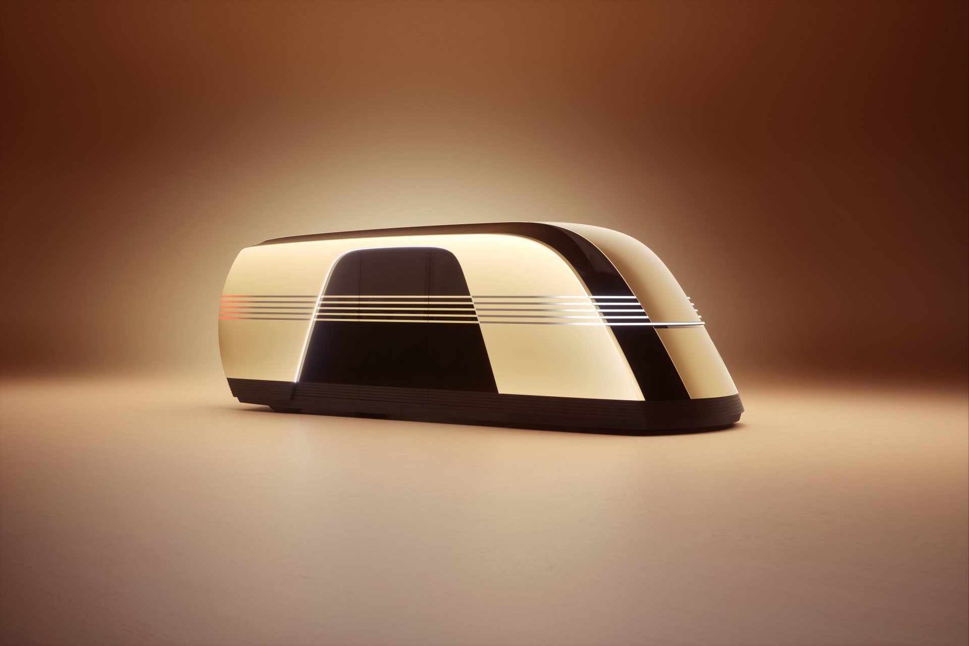 A sleek Tesla robovan design showcased in an 8K Ultra HD background, featuring smooth lines and a modern aesthetic against a warm gradient backdrop.