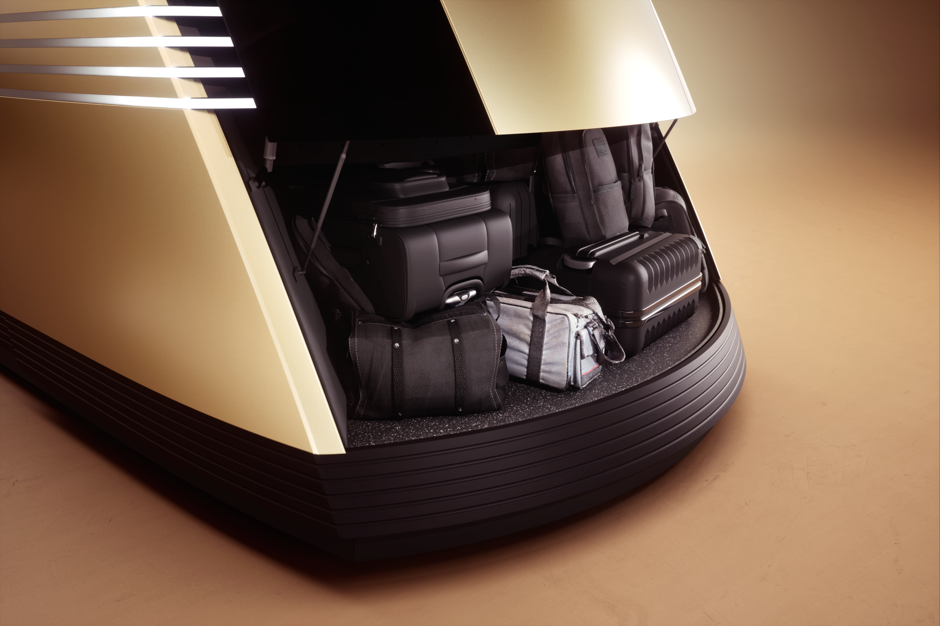 A close-up view of a Tesla robovan's spacious interior, showcasing neatly organized luggage and bags, set against a sleek design. This 8K Ultra HD image serves as a stunning desktop wallpaper.