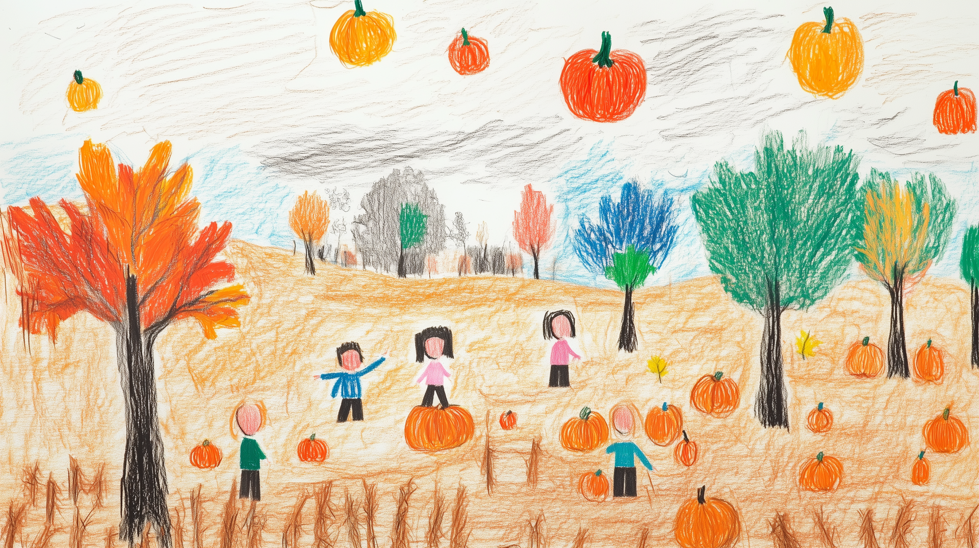 Colorful childlike drawing of an autumn harvest festival with kids picking pumpkins in a pumpkin patch among vibrant fall trees, set against a soft gray sky.