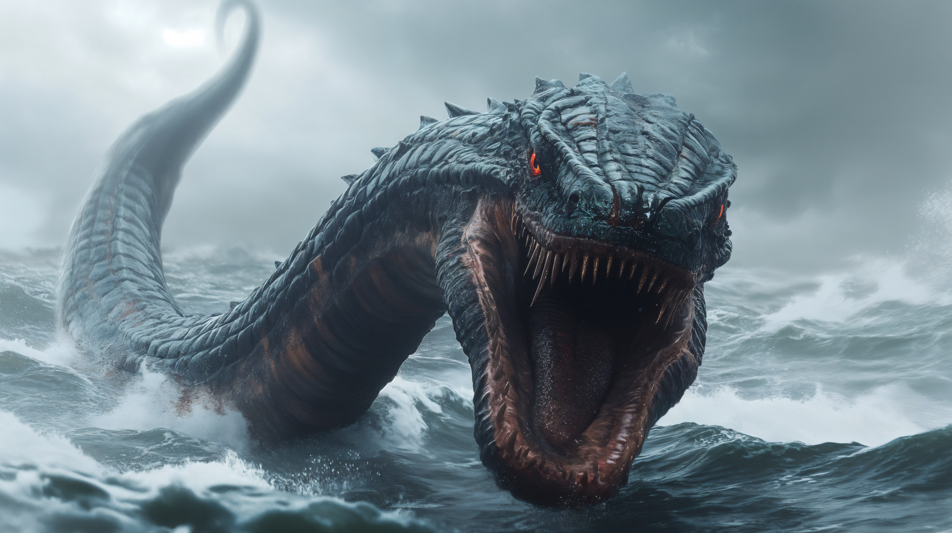 A stunning 4K Ultra HD fantasy wallpaper featuring a fearsome sea serpent emerging from tumultuous waves, showcasing intricate scales and glowing eyes.
