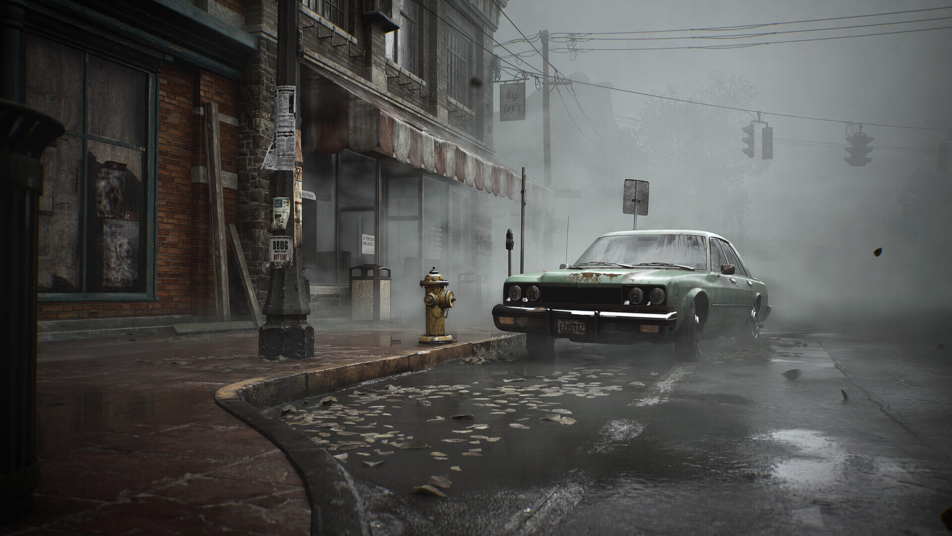 A haunting scene from Silent Hill 2, featuring a misty street with a vintage car and abandoned buildings, captured as an HD PC desktop wallpaper and background.