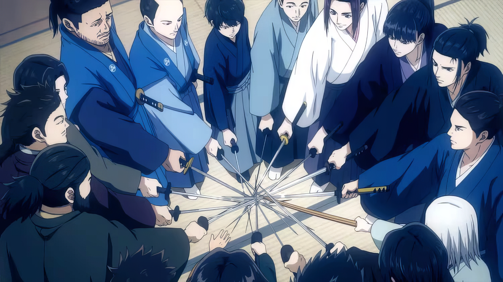 An anime-themed HD wallpaper featuring The Blue Wolves of Mibu, depicting a group of characters in traditional attire, gathering around a central point with drawn swords.