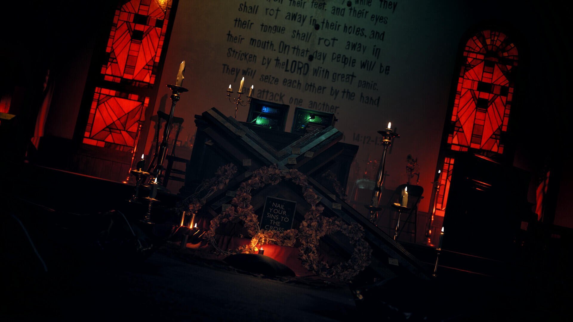 A dark, atmospheric HD wallpaper from the video game No More Room In Hell 2, featuring gothic elements, stained glass, and flickering candlelight, creating a haunting backdrop.