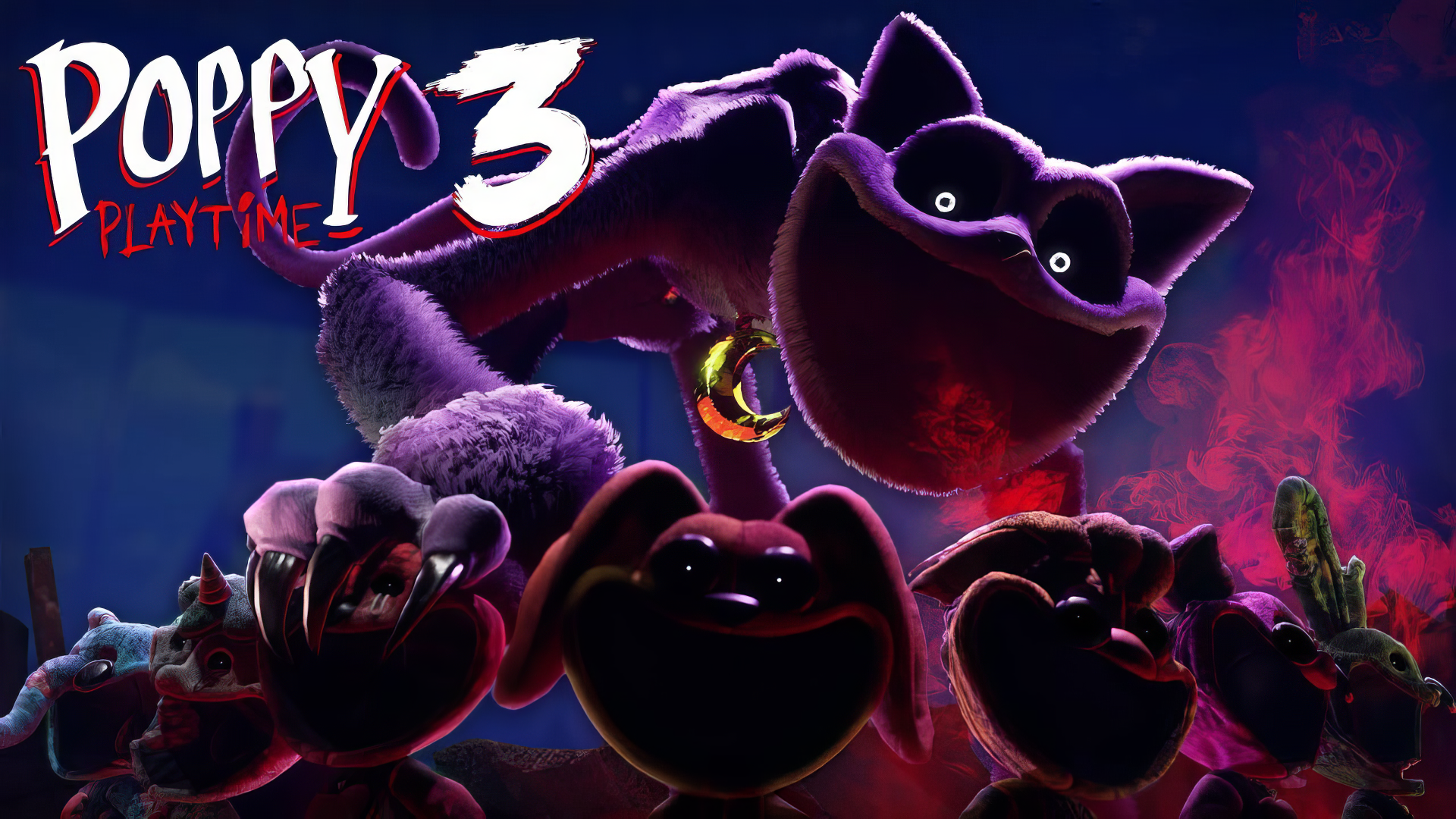 HD PC desktop wallpaper featuring CatNap from Poppy Playtime, showcasing eerie, shadowy characters set against a dark, atmospheric background from the video game.