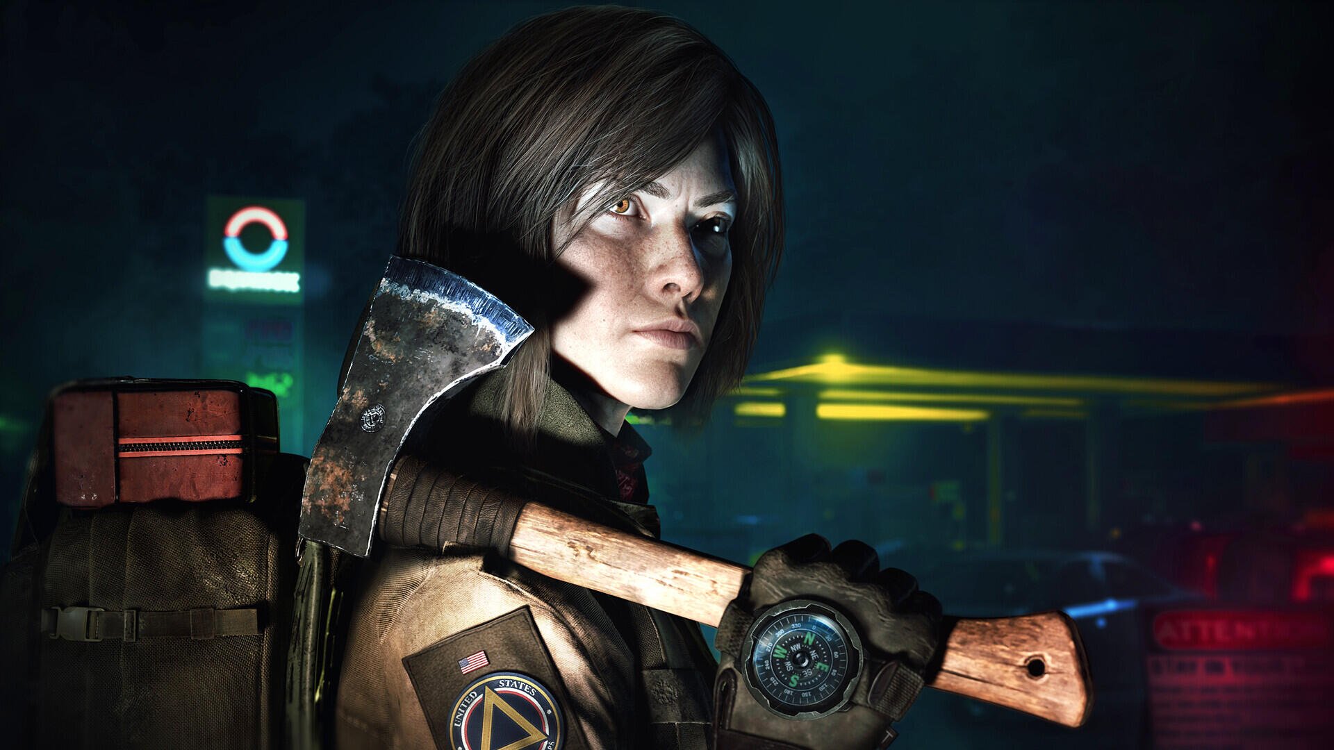 A character from the video game No More Room In Hell 2 stands with an axe, showcasing a gritty atmosphere, set against a dark, digitally rendered background.