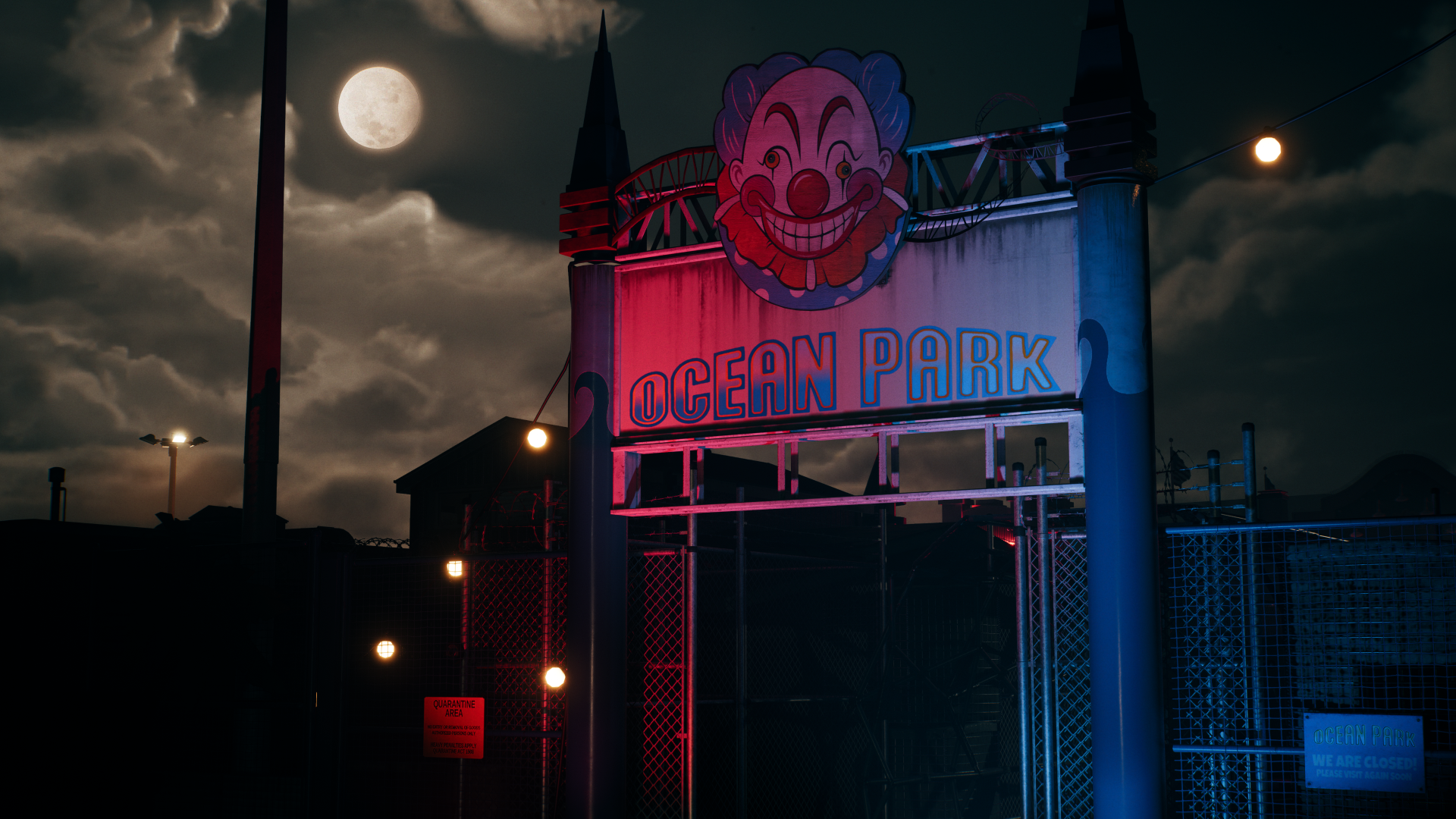 A dimly lit entrance of Ocean Park features a clown face under a full moon, embodying the eerie atmosphere of Dead Island 2 in this captivating 4K Ultra HD wallpaper.