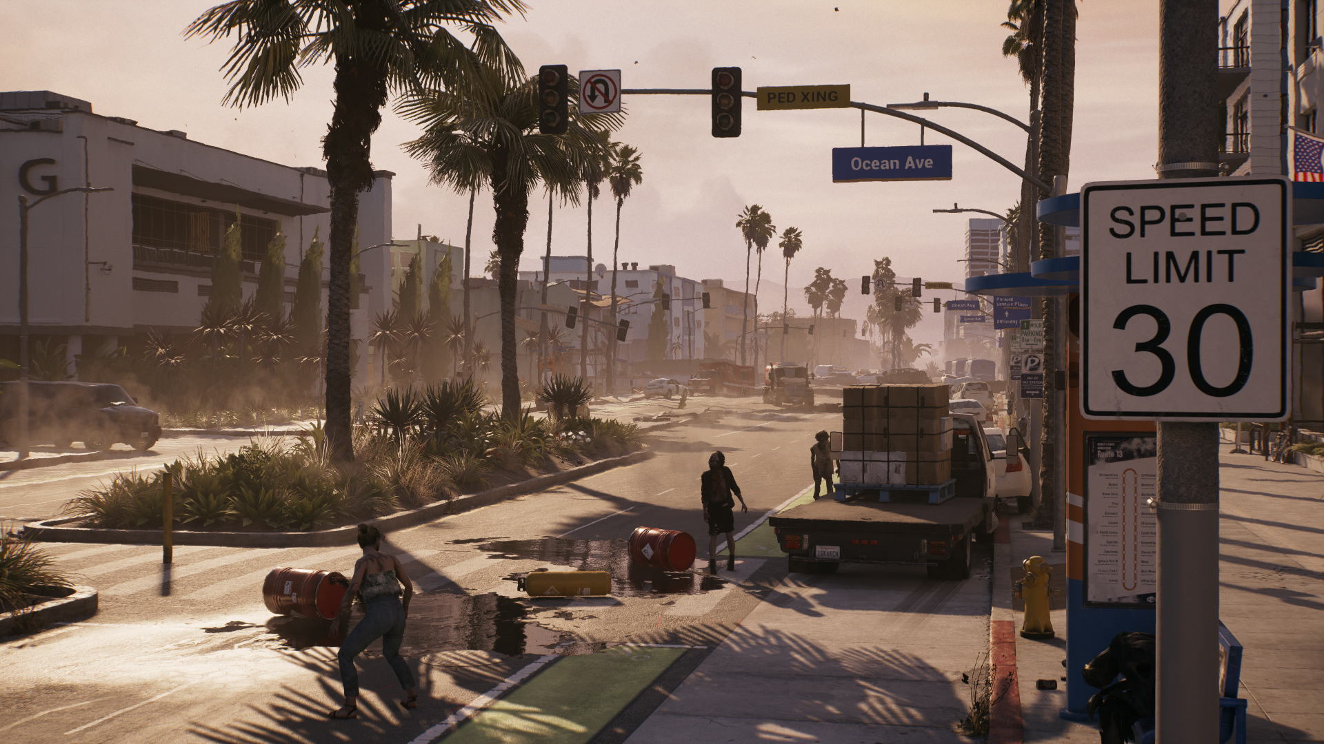 A post-apocalyptic scene from Dead Island 2, showcasing a deserted street lined with palm trees, trucks, and debris, captured in stunning 4K Ultra HD detail.