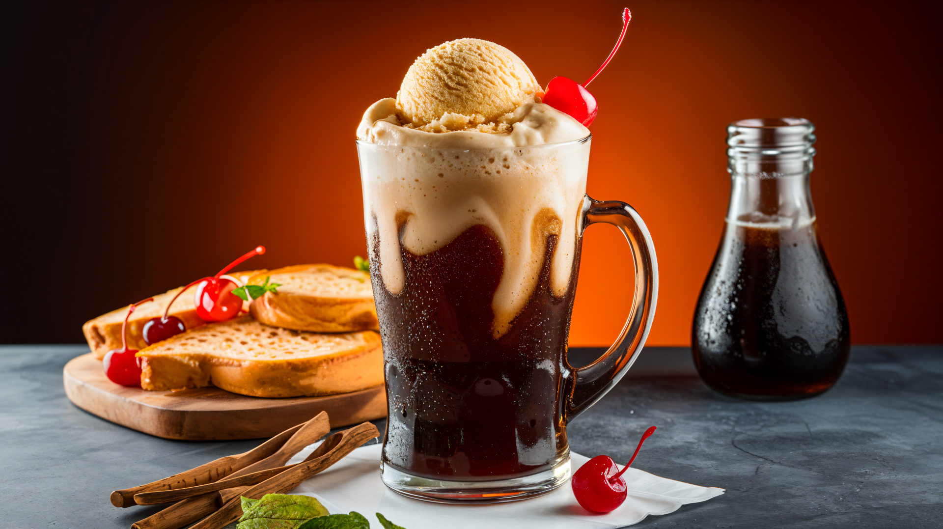 A 4K Ultra HD image of a cold root beer float topped with ice cream and a cherry, accompanied by toasted bread and syrup bottles on a dark surface.