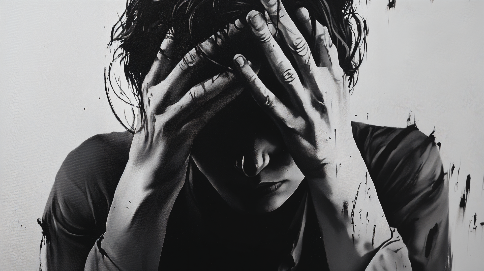 A monochromatic 4K Ultra HD image depicting a stressed-out figure, hands covering their face, conveying a sense of emotional turmoil and isolation.