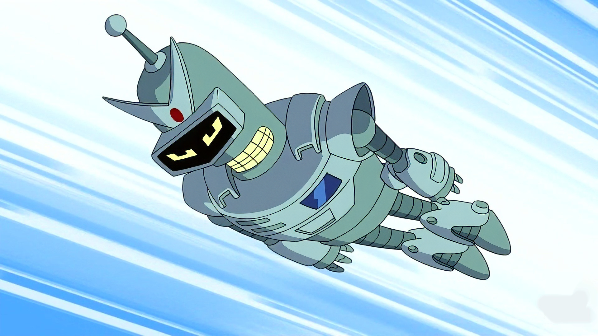 An HD wallpaper featuring Bender from the TV show Futurama, showcasing the iconic robot flying against a dynamic, colorful background.