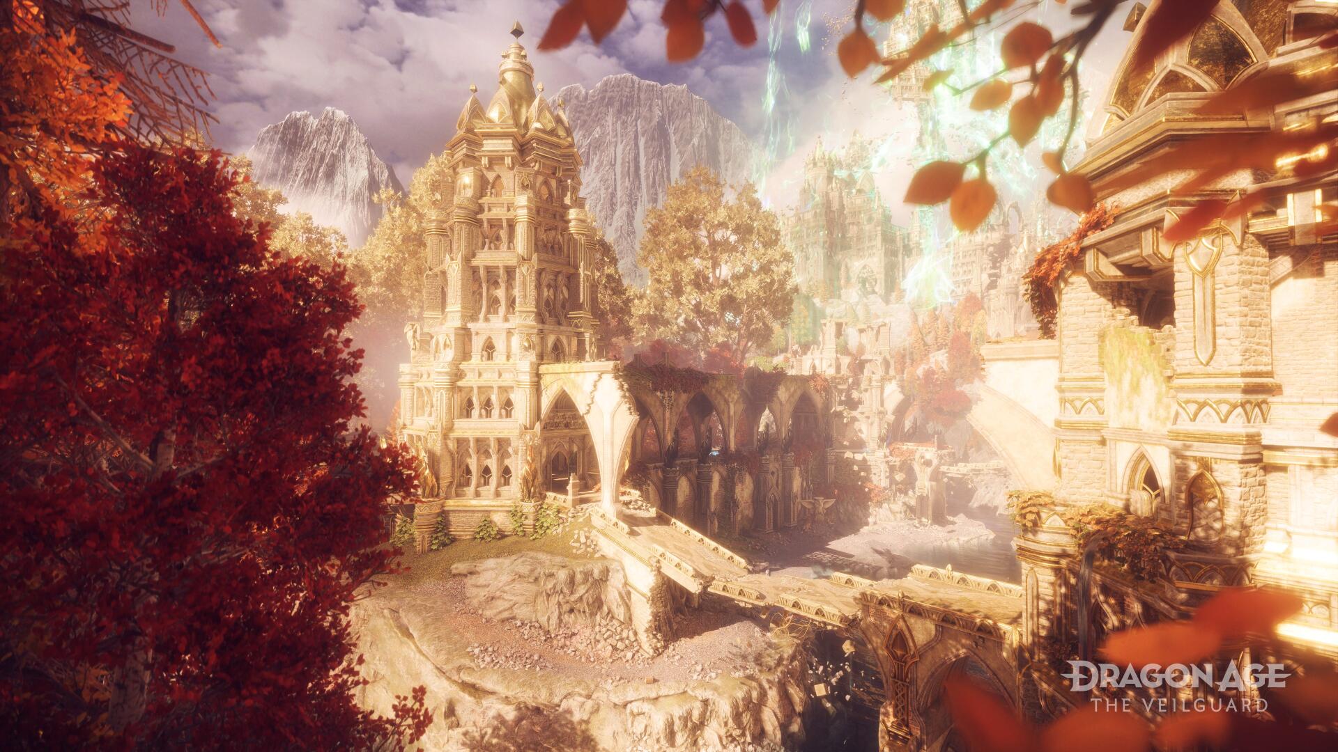 A stunning 4K Ultra HD wallpaper from the video game Dragon Age: The Veilguard, featuring a beautifully detailed landscape with majestic architecture and vibrant autumn foliage.