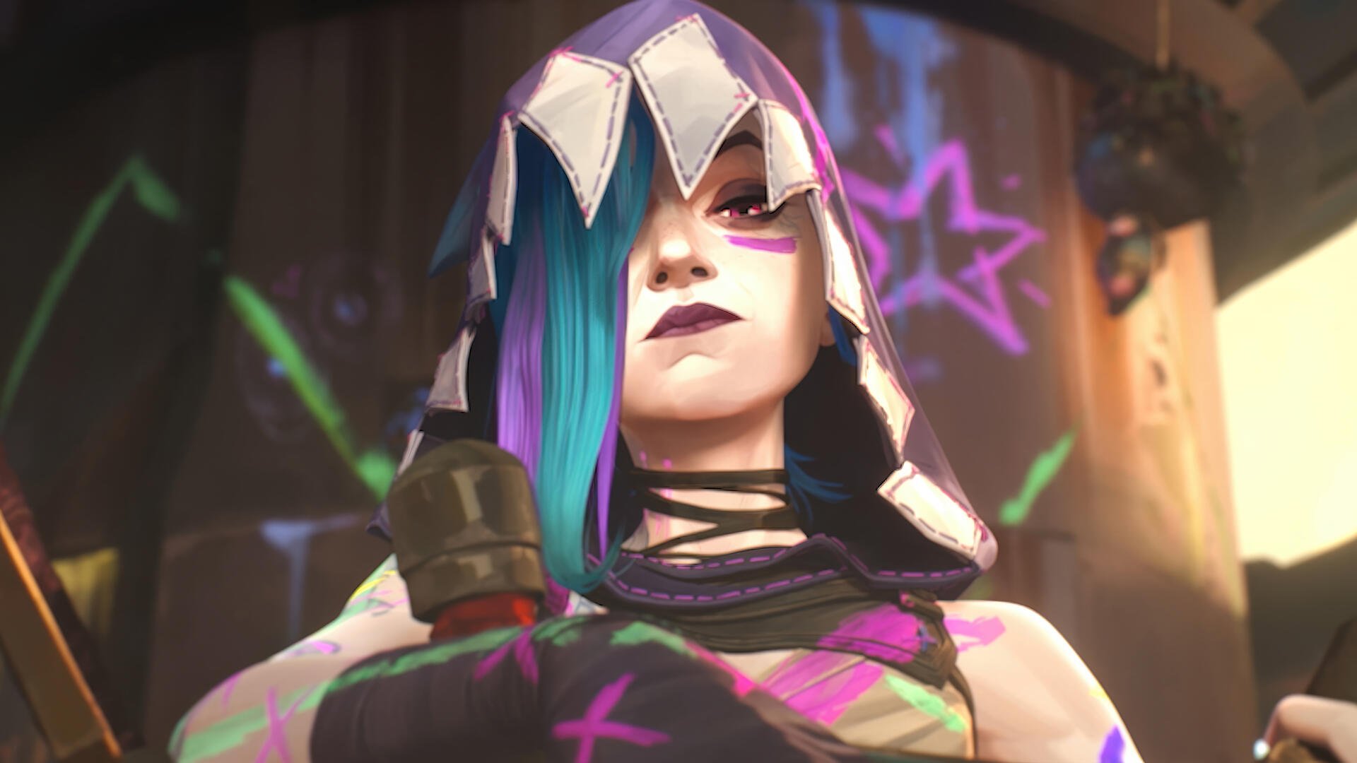 Vibrant 4K Ultra HD wallpaper featuring Jinx from the TV show Arcane, showcasing her striking look against a colorful graffiti background.