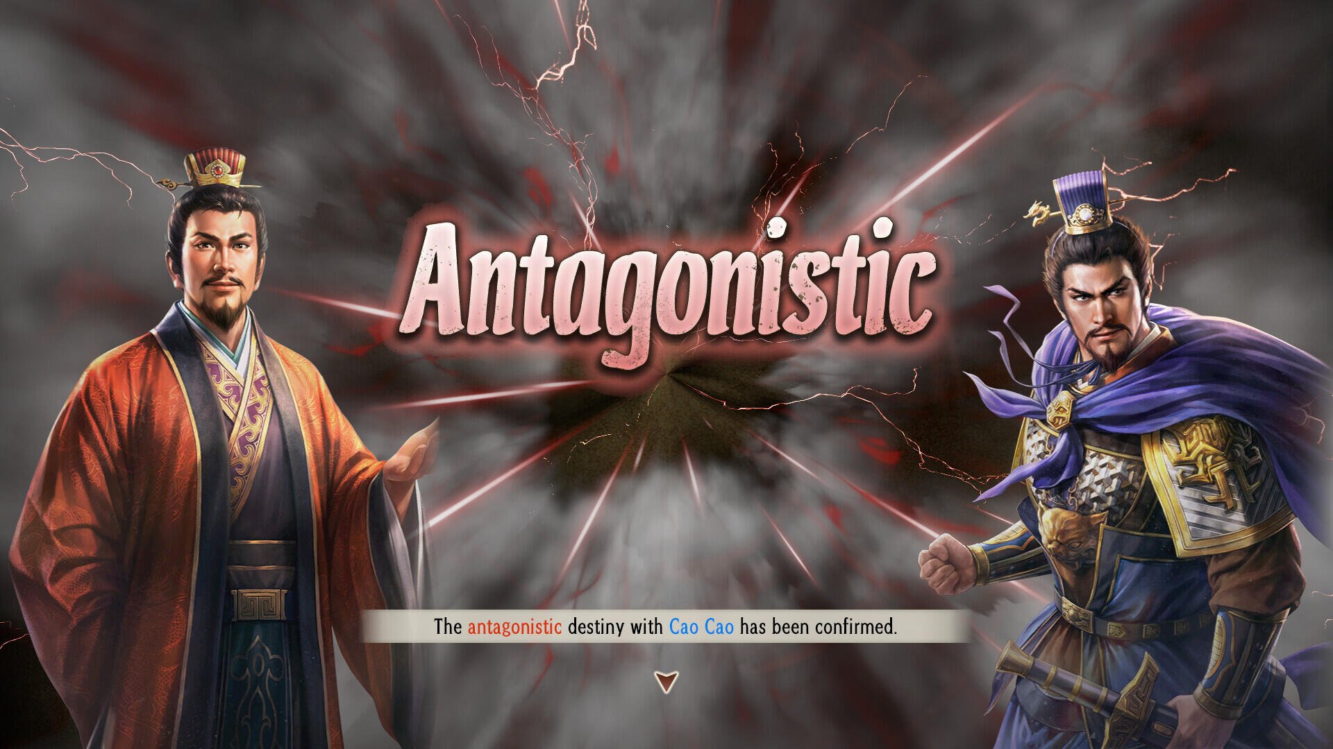 A dramatic HD PC desktop wallpaper from Romance of the Three Kingdoms 8 (Remake), featuring two characters with the word Antagonistic emphasized against a stormy backdrop.