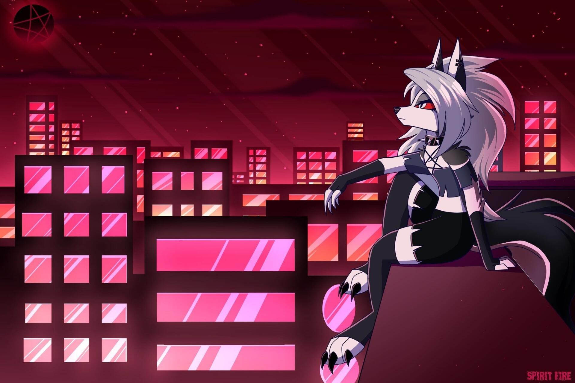 Loona from Helluva Boss sits atop a rooftop, gazing over a vibrant, pink-hued city skyline, creating a striking HD wallpaper background.