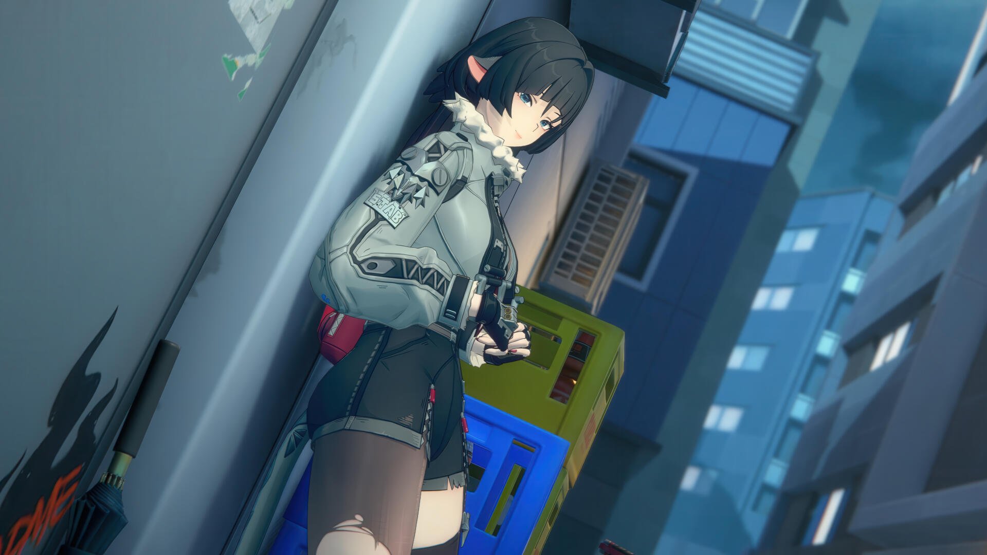 A 4K Ultra HD wallpaper featuring Jane Doe from Zenless Zone Zero, leaning against a wall in a vibrant, futuristic cityscape, exuding a cool and determined vibe.