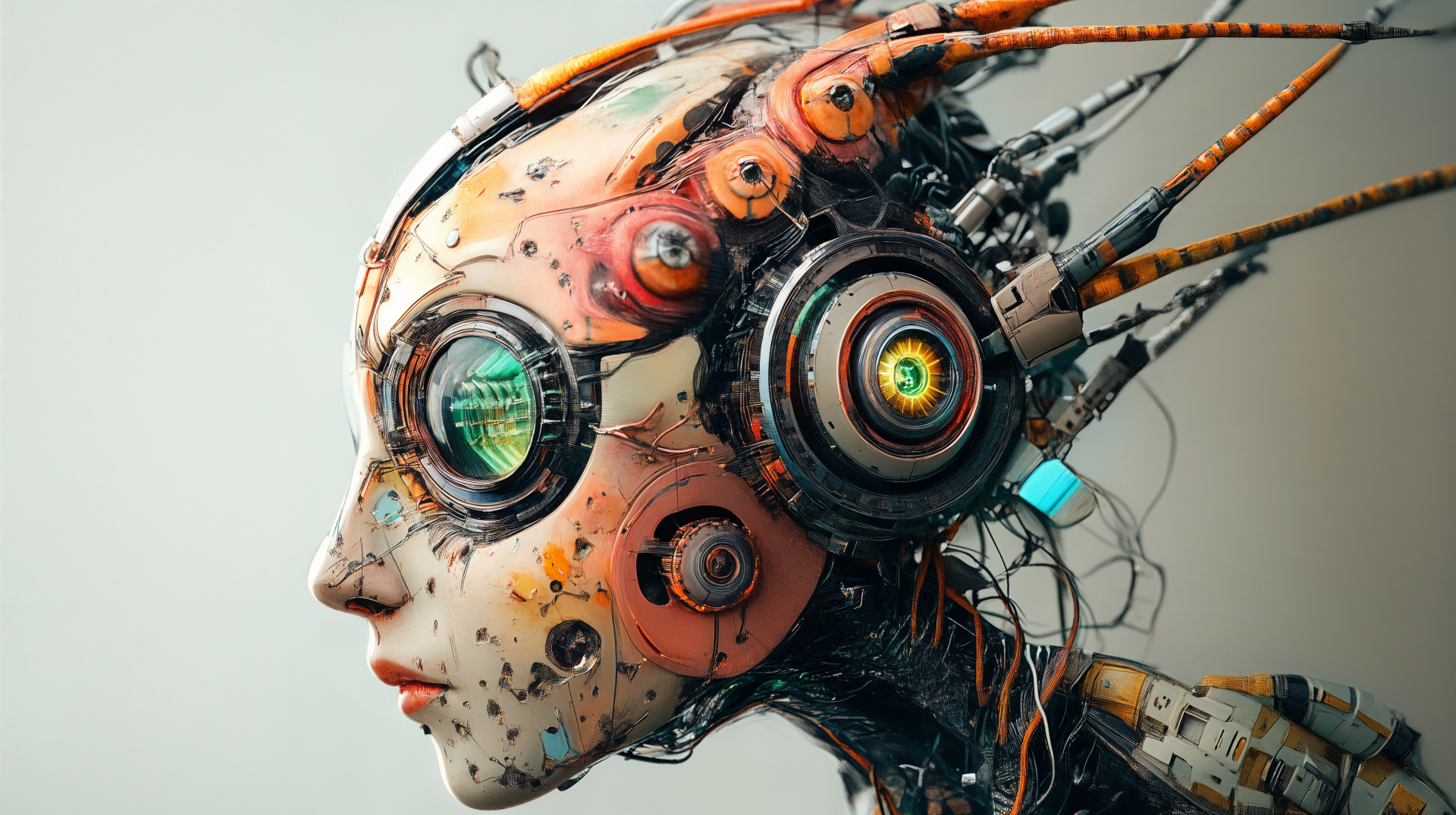 A detailed robotic organism with vibrant circuitry and intricate designs, showcased in a striking profile view, serving as a captivating 4K Ultra HD desktop wallpaper.