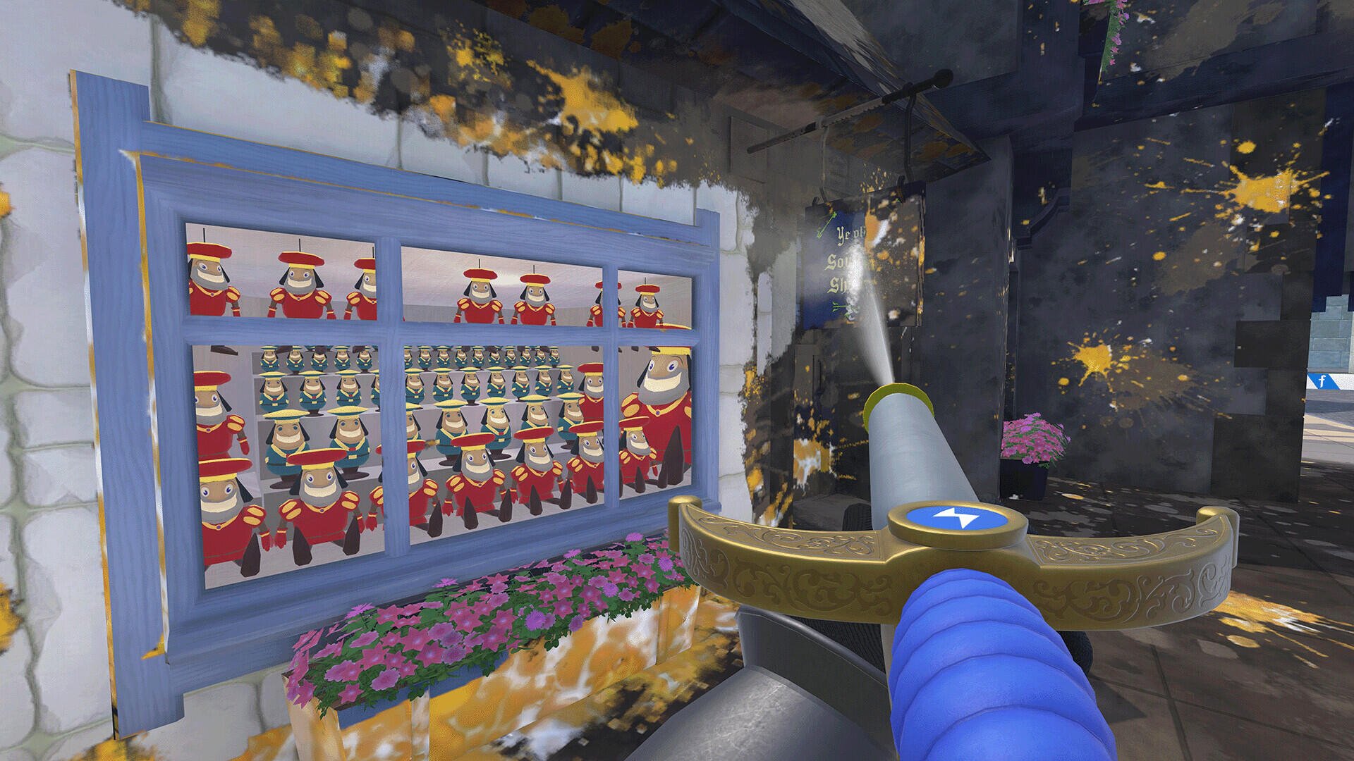 A dynamic HD wallpaper featuring gameplay from PowerWash Simulator's Shrek Special Pack, showcasing a character cleaning a colorful scene with whimsical elements and vibrant graphics.