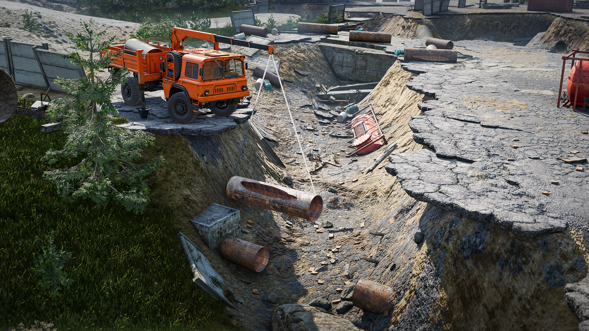 High-definition wallpaper showcasing a scene from the video game RoadCraft, featuring an orange vehicle navigating a rugged terrain with debris and a damaged road.