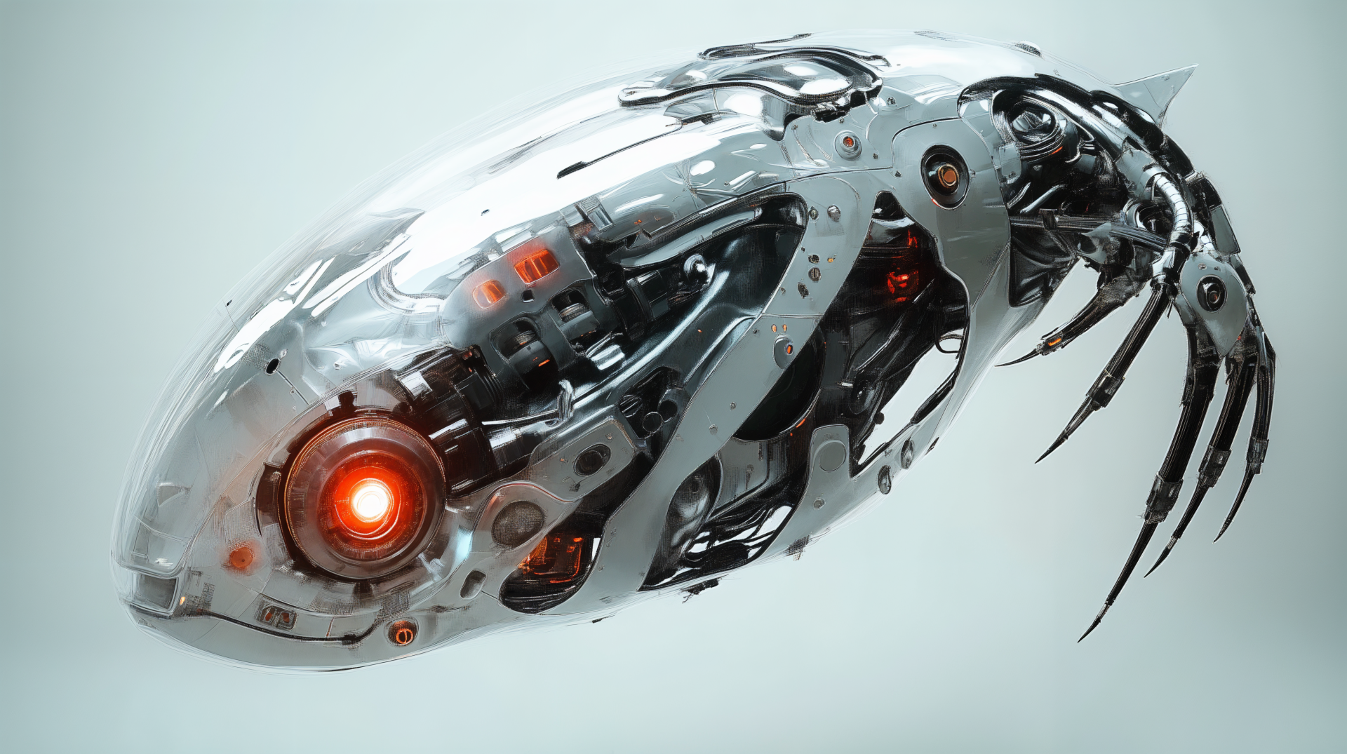 A futuristic cybernetic robotic fish with intricate mechanical details and a glowing red eye, designed as a sci-fi robotic organism in 4K Ultra HD.