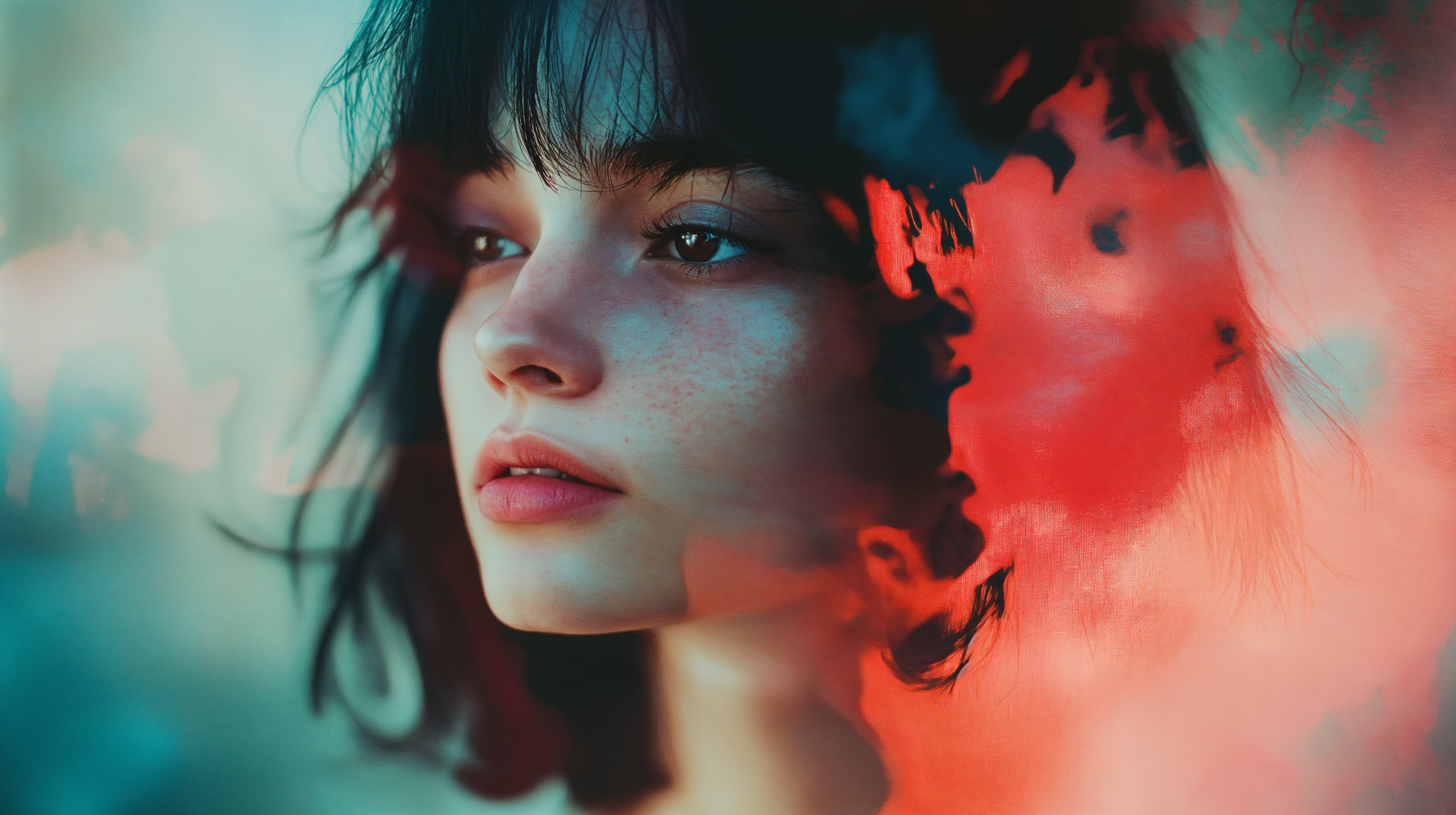 Aesthetic close-up of a woman with soft grunge vibes, featuring soft colors and blurred floral elements, designed as a 4K Ultra HD desktop wallpaper background.