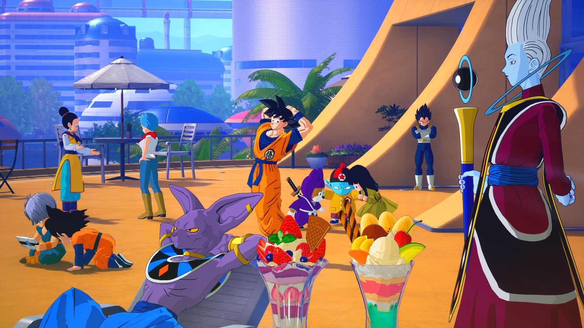 A vibrant scene from the video game DRAGON BALL: Sparking! ZERO, featuring Beerus, Whis, and characters enjoying a sunny day with colorful treats in a lively setting.