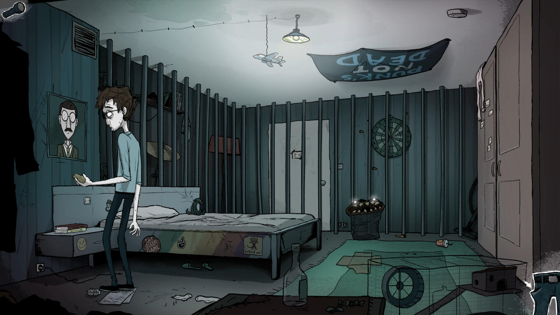 A high-definition wallpaper from the video game Mindlock - The Apartment, featuring a character standing in a dimly lit, cluttered room with a bed and scattered items.