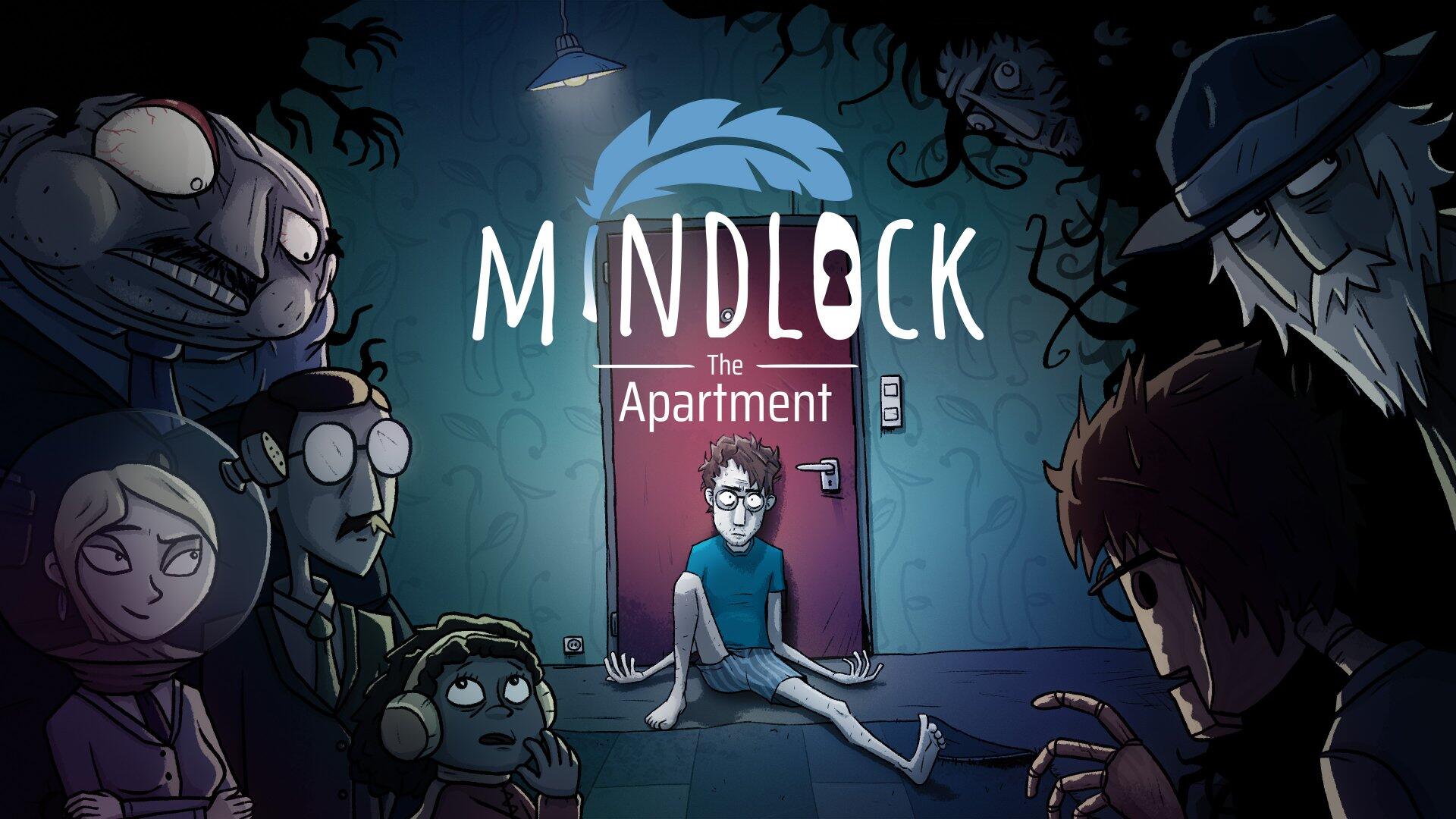 A chilling HD wallpaper for the video game Mindlock - The Apartment, featuring a central figure amidst eerie characters in a dimly lit, suspenseful setting.