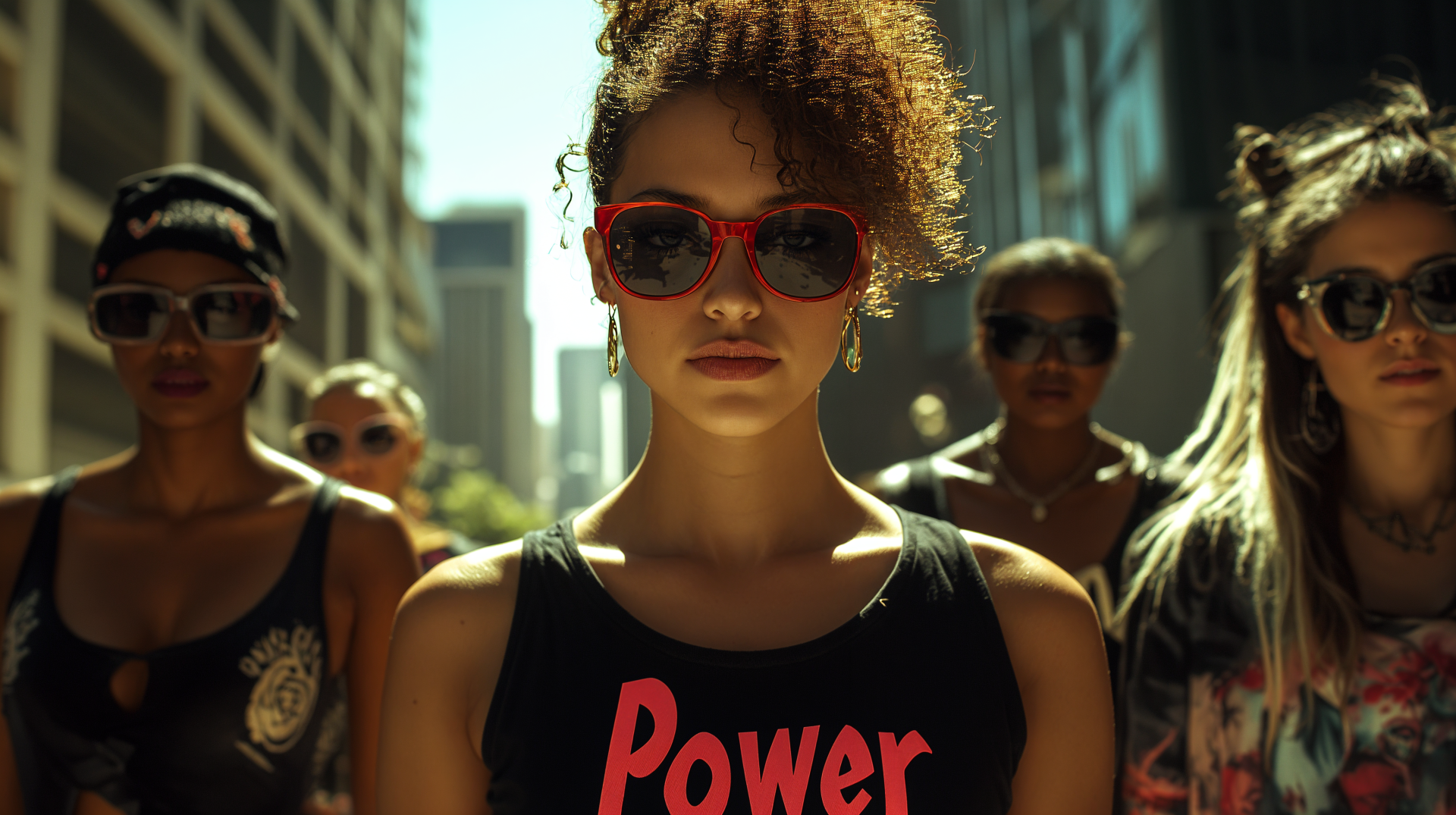 A confident woman in stylish sunglasses stands at the forefront, embodying girl power, with a group of strong women behind her. A vibrant 4K Ultra HD wallpaper celebrating empowerment.