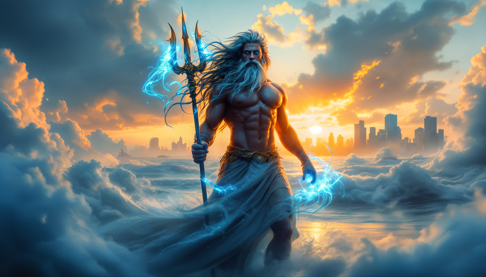 A stunning 4K Ultra HD wallpaper featuring Poseidon, the Greek god of the sea, standing powerfully amidst clouds and a vibrant sunset, wielding his trident.