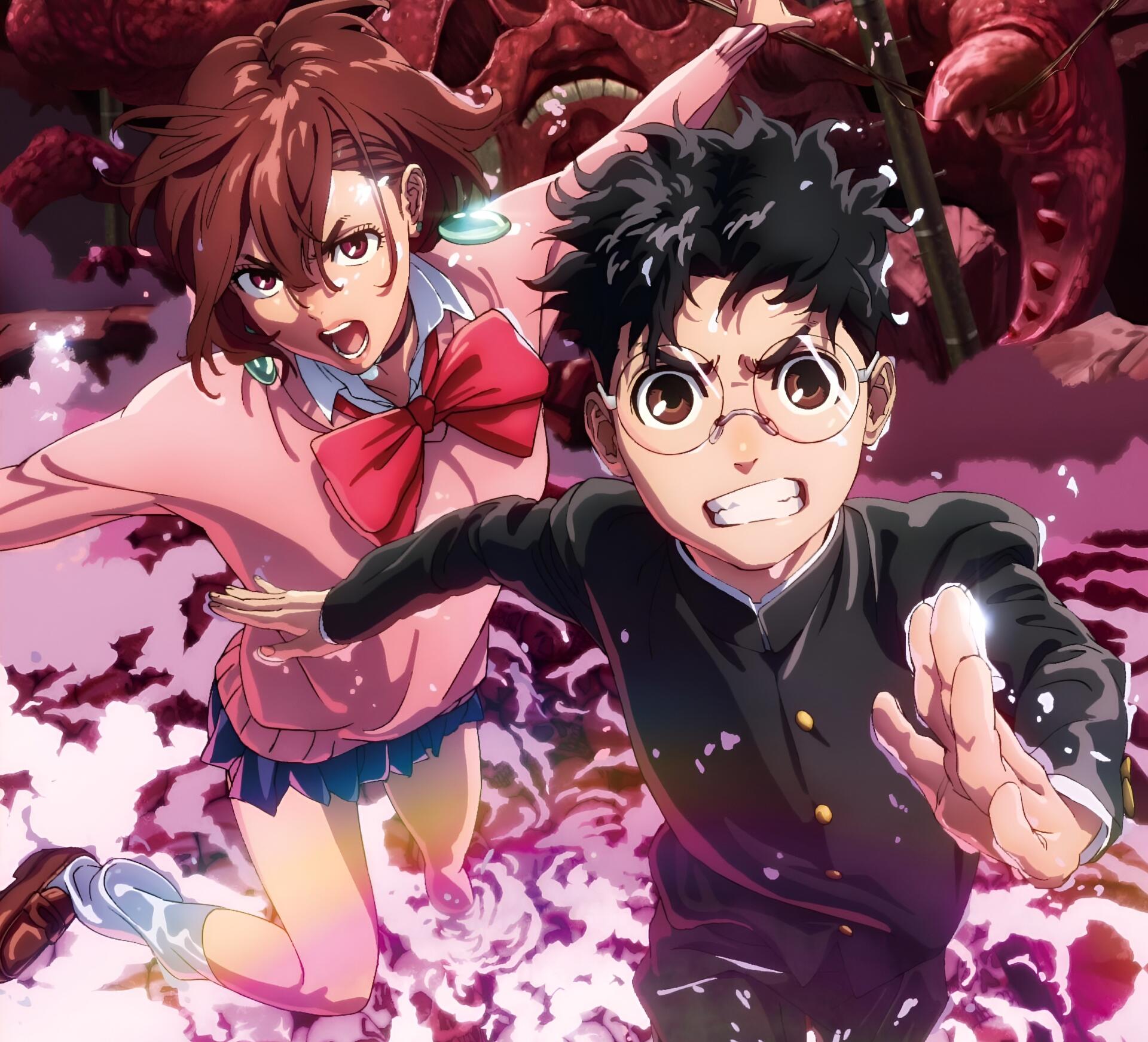 HD anime desktop wallpaper featuring Momo Ayase and Ken Takakura from Dandadan in dynamic action poses with a dark, intense background.