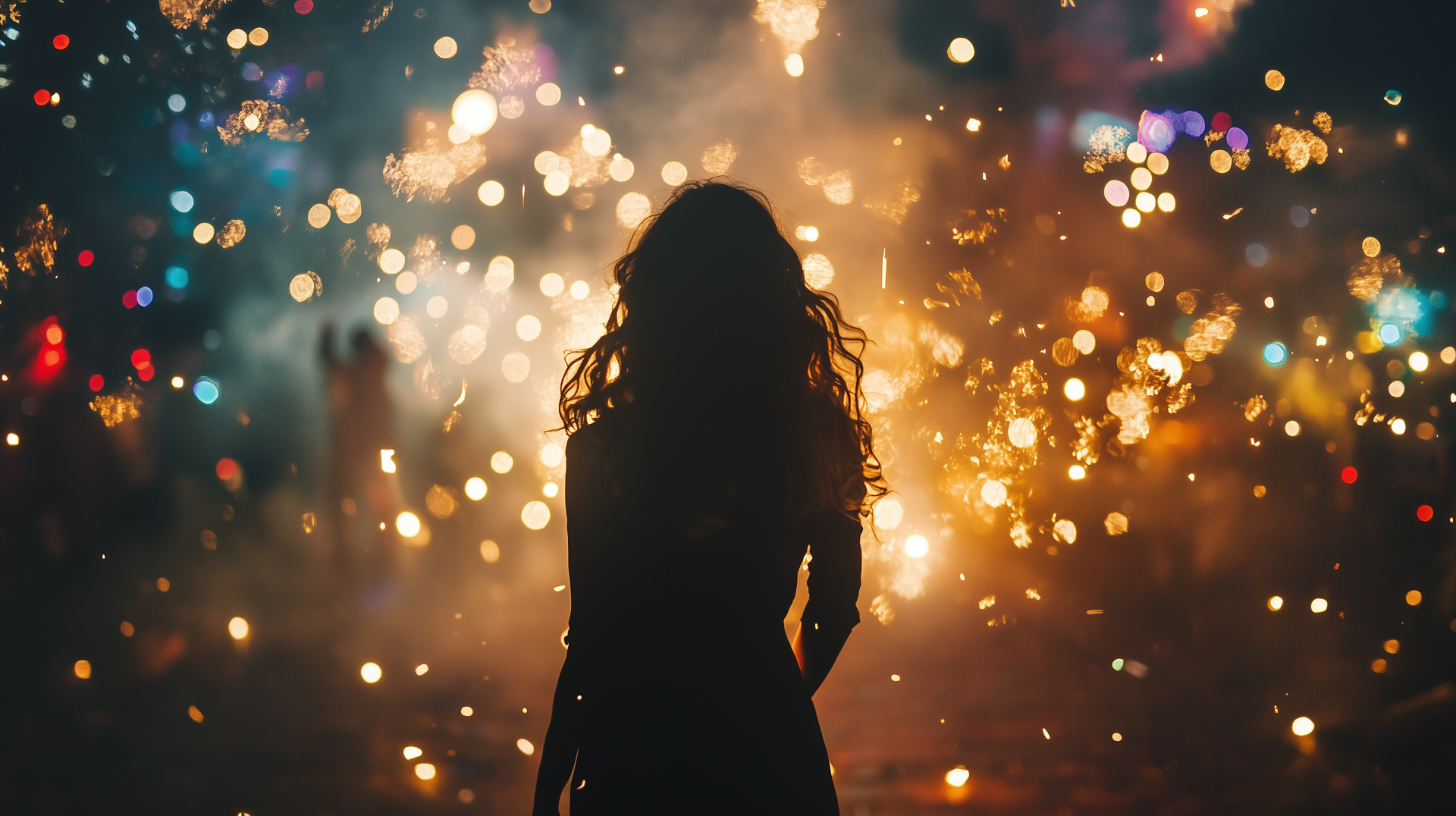 Silhouette of a person against a vibrant backdrop of sparkling fireworks, capturing the lively New Year's Eve mood in this HD PC desktop wallpaper.