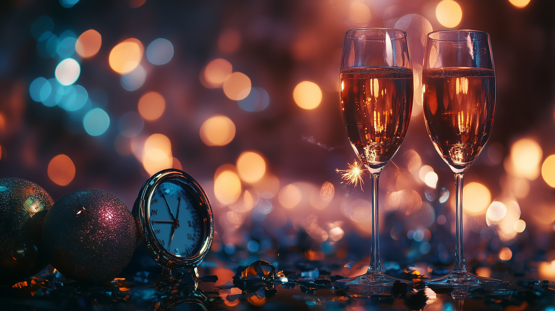 A festive New Year's Eve scene featuring two glasses of sparkling wine, a clock, and shimmering lights in the background, creating a celebratory atmosphere for a HD desktop wallpaper.