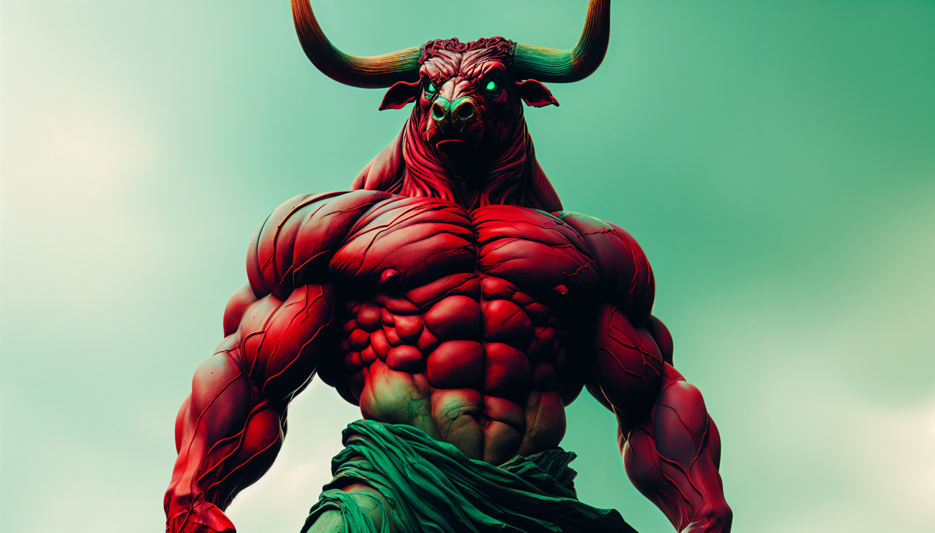 A striking 4K Ultra HD wallpaper featuring a powerful minotaur, showcasing muscular details and vibrant colors against a greenish background.