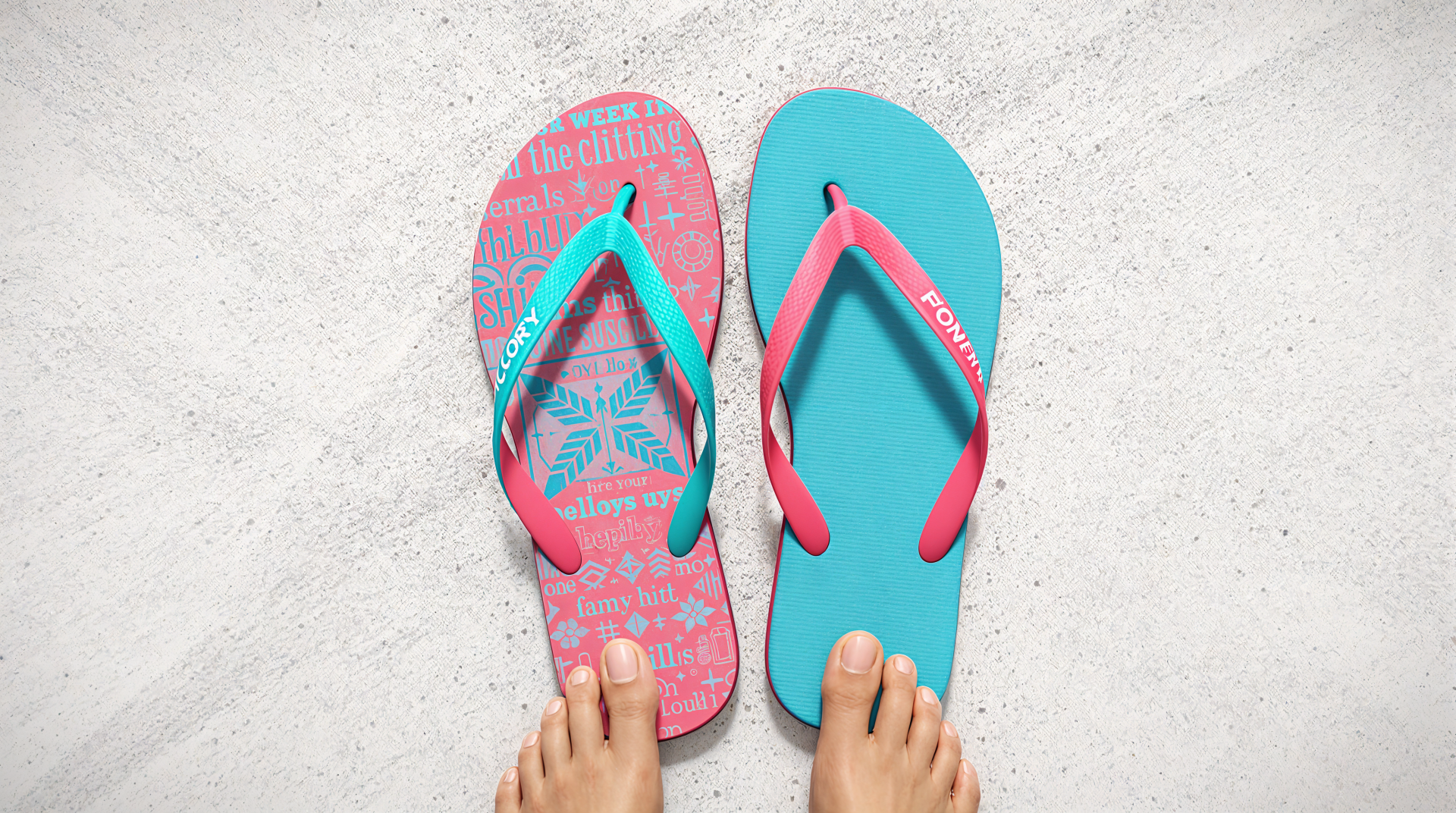Close-up of vibrant flip flops in pink and teal, placed on a light surface, complemented by bare feet. This image serves as a colorful 4K Ultra HD desktop wallpaper and background.