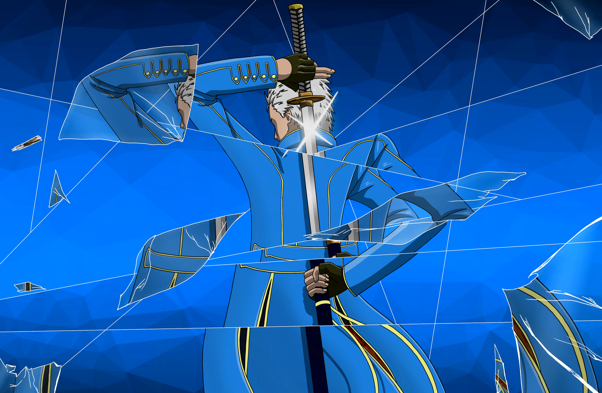 4K Ultra HD wallpaper featuring Dante from Capcom’s Devil May Cry 3: Dante's Awakening, showcasing his iconic blue coat and sword against a shattered glass effect.