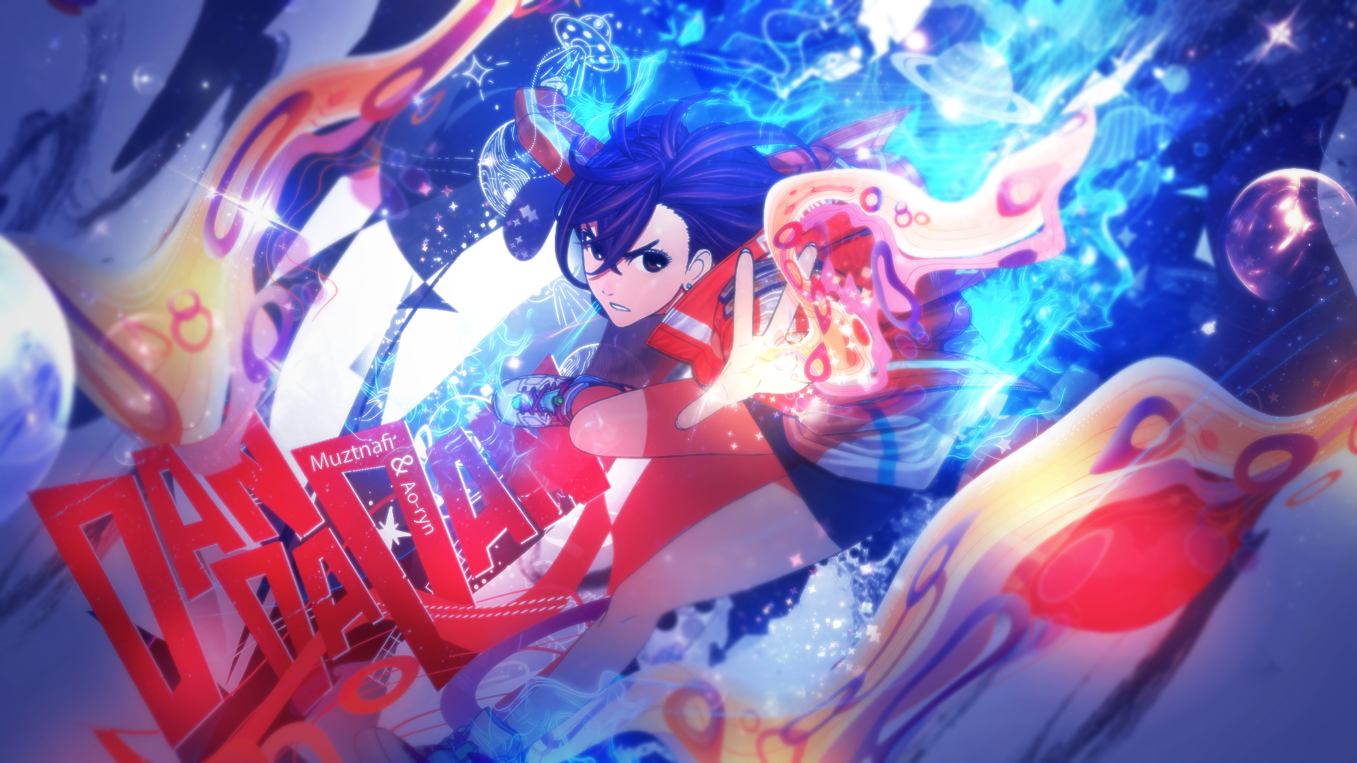 HD anime wallpaper featuring Momo Ayase from Dandadan in an action pose with vibrant blue and red energy effects surrounding her.