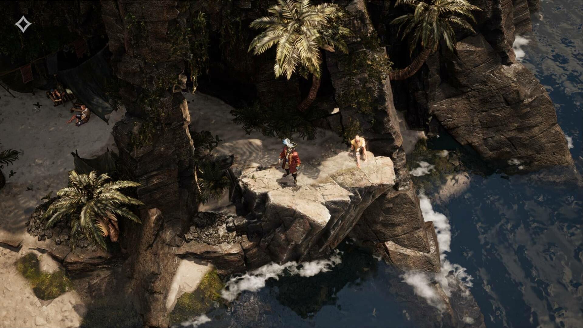 A vibrant HD desktop wallpaper from the video game Flint: Treasure of Oblivion, featuring characters on a rocky shore surrounded by lush palm trees and ocean waves.