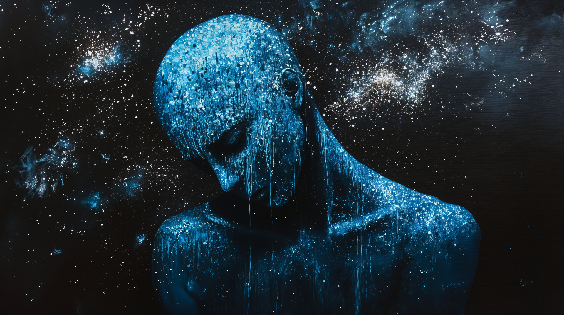 An artistic depiction of a sad human figure, drenched in deep blue hues, surrounded by a starry galaxy, creating a striking contrast against the cosmic background. 4K Ultra HD wallpaper.
