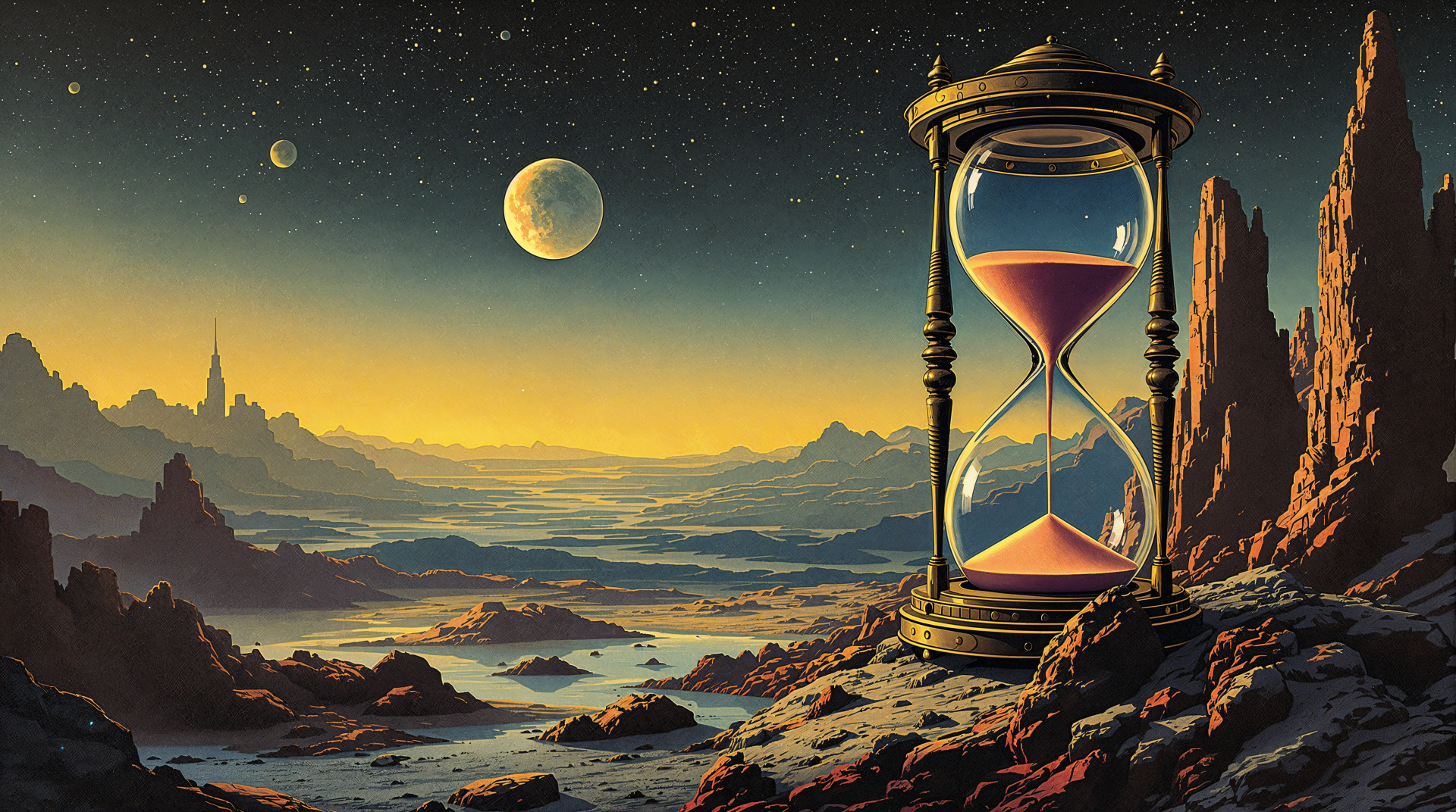 A stunning 4K Ultra HD desktop wallpaper featuring an hourglass set against a surreal landscape with distant planets and majestic mountains under a starry sky.