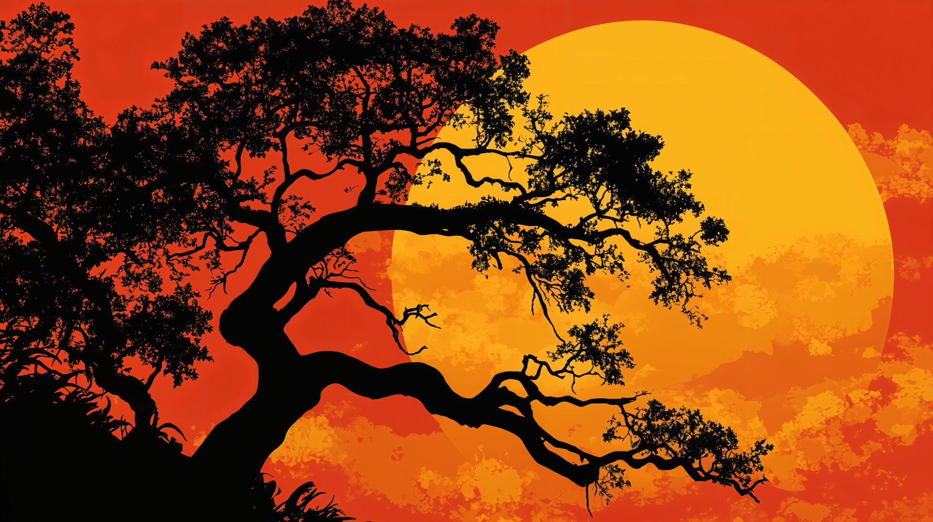 Silhouette of a tree against a vibrant sunset, featuring deep oranges and soft yellows. A stunning 4K Ultra HD wallpaper for a striking backdrop.