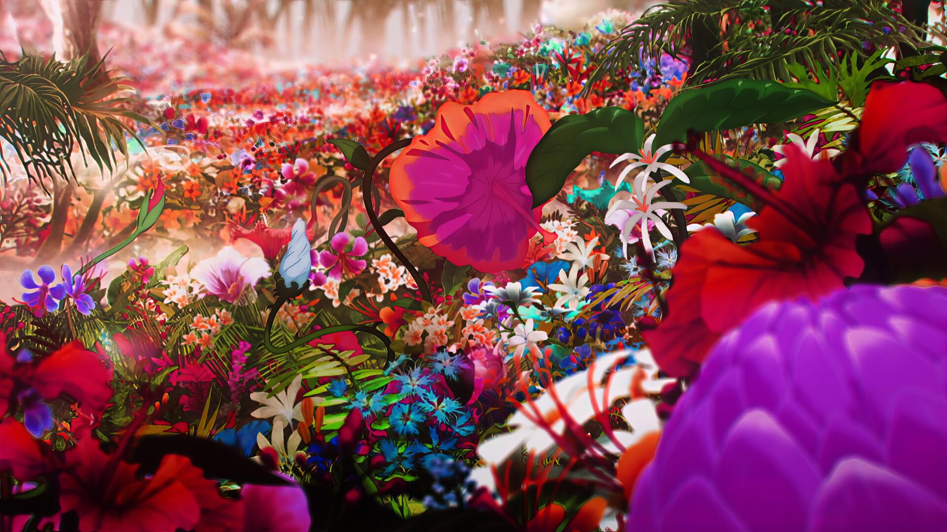 Vibrant, colorful flowers fill the scene in this 4K Ultra HD wallpaper inspired by the anime Hell's Paradise, showcasing a lush and enchanting landscape.