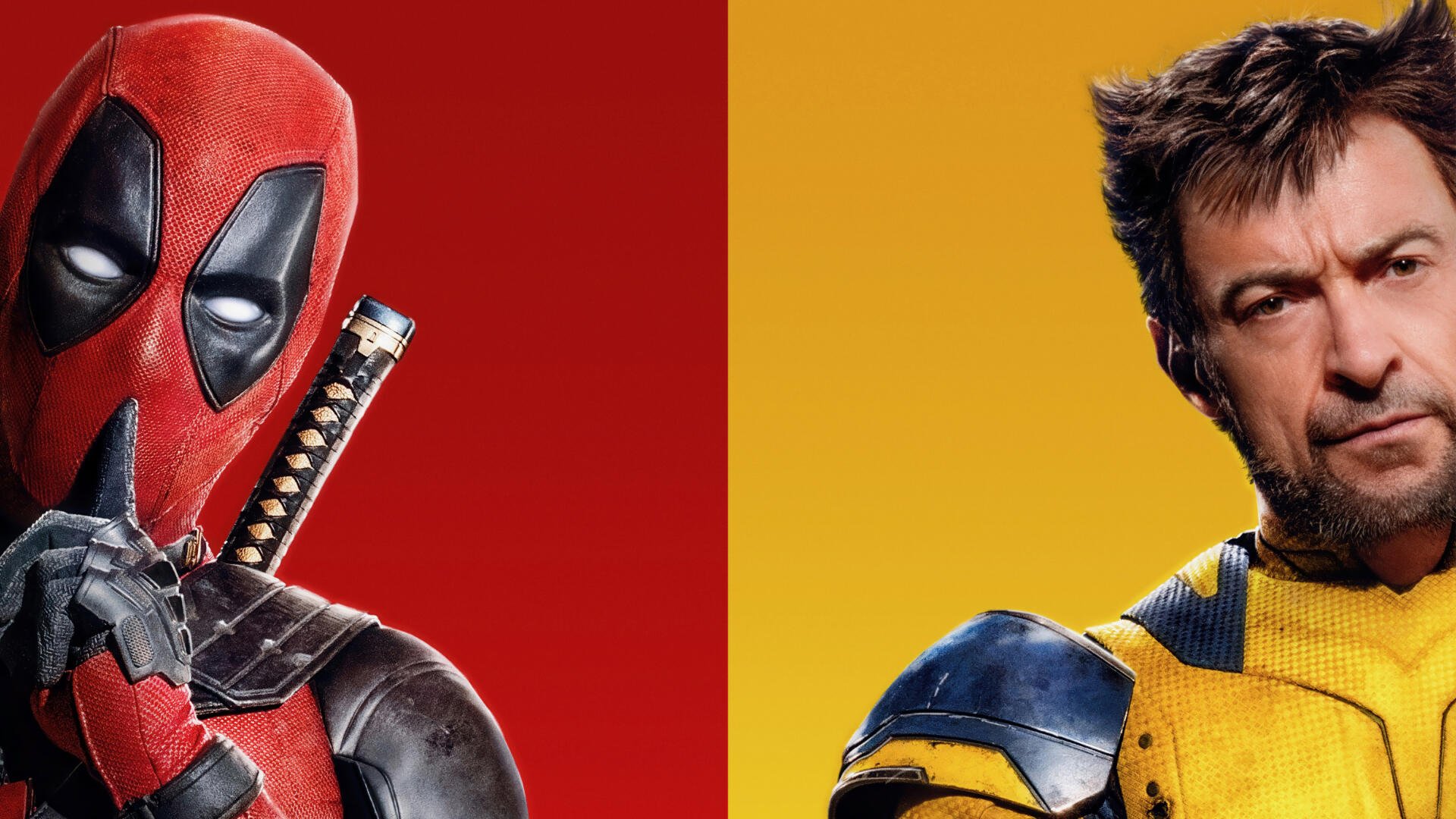 4K Ultra HD PC desktop wallpaper/background: split portrait of Deadpool (left) and Wolverine (right) on red and yellow panels, close-up busts with mask, swords and claws visible.