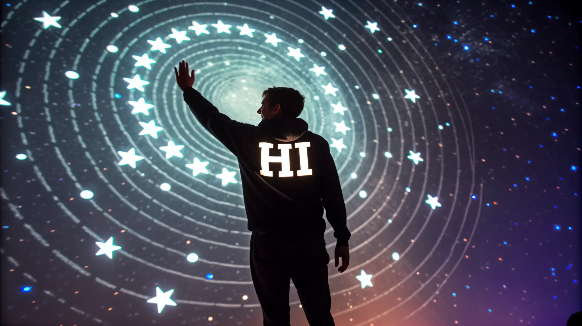 A silhouette of a person in a HI hoodie waves against a swirling starry backdrop, creating a captivating 4K Ultra HD desktop wallpaper and background.