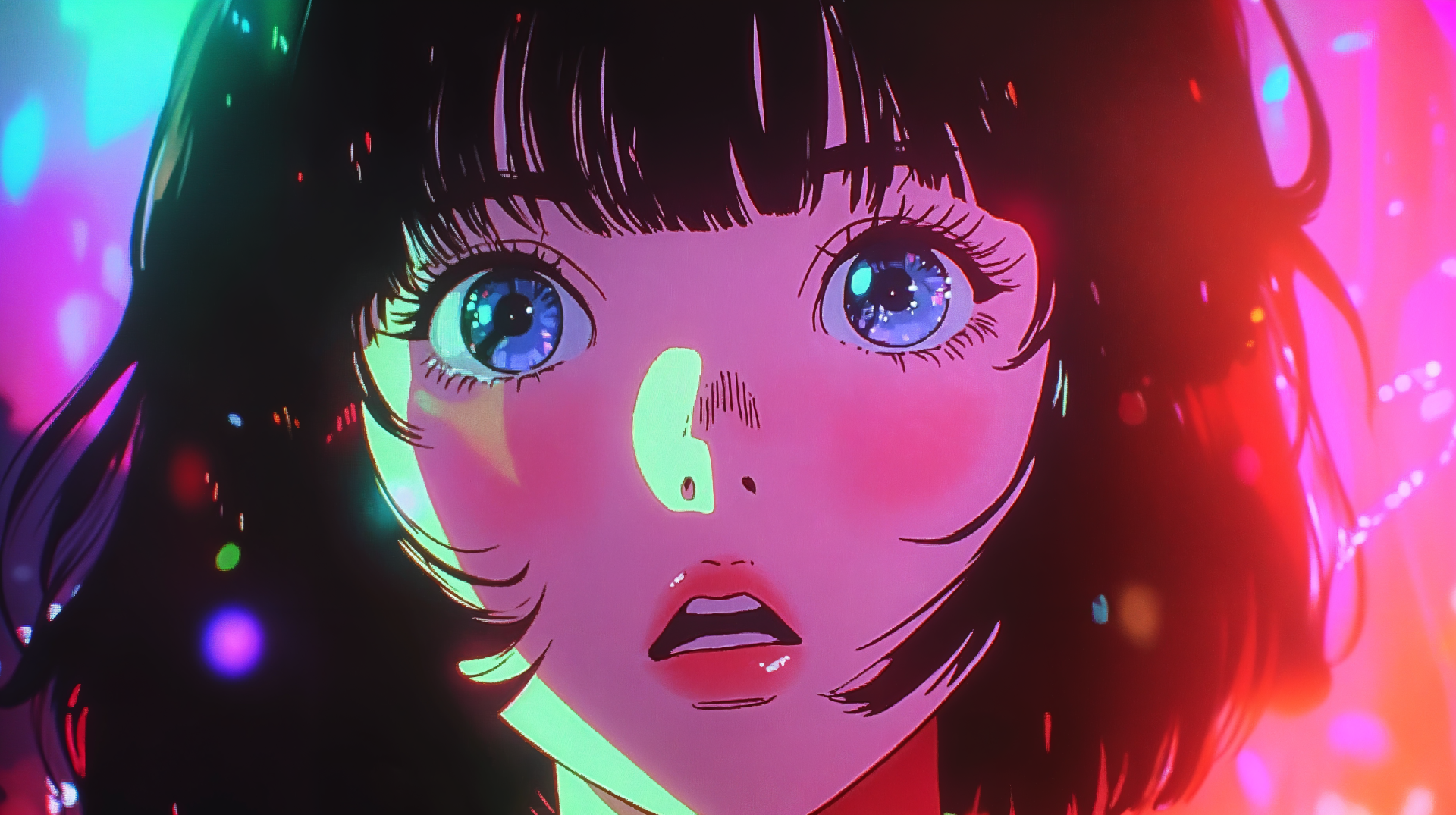 A stunning anime girl with expressive blue eyes and vibrant neon colors, captured in a captivating 4K Ultra HD wallpaper that brings the scene to life.